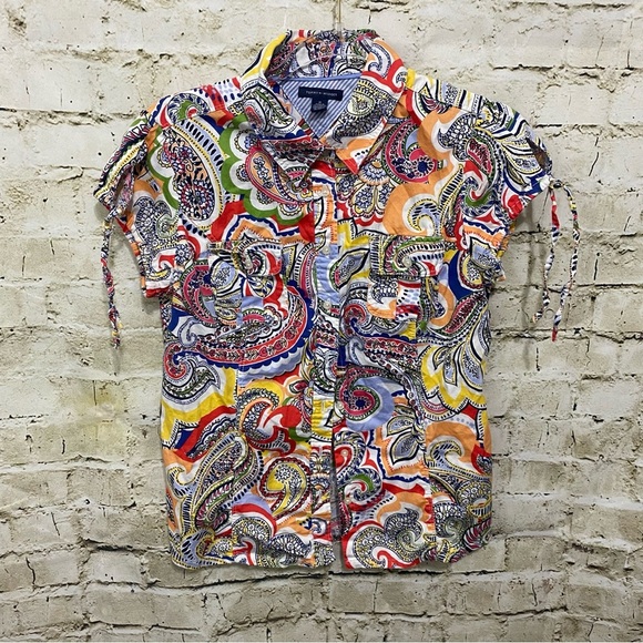 Tommy Hilfiger Blue Orange Paisley Print Tie Cap Sleeve Button Up - Picture 1 of 5